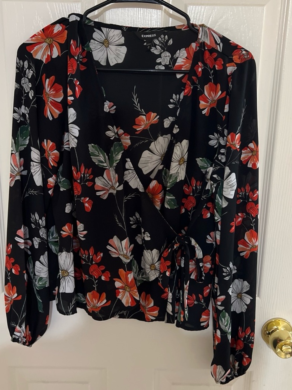 Express Black Floral Wrap Blouse with Red & White Flowers